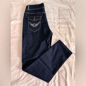 Lovesweet Denim Dark Navy Jeans with Wing Rhinestone Design